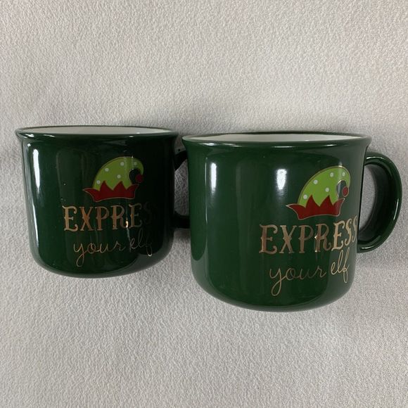 Express Your Elf Mug Green Ceramic Coffee Tea Cocoa Large 2 Pc Set Santa Helper - Picture 3 of 13